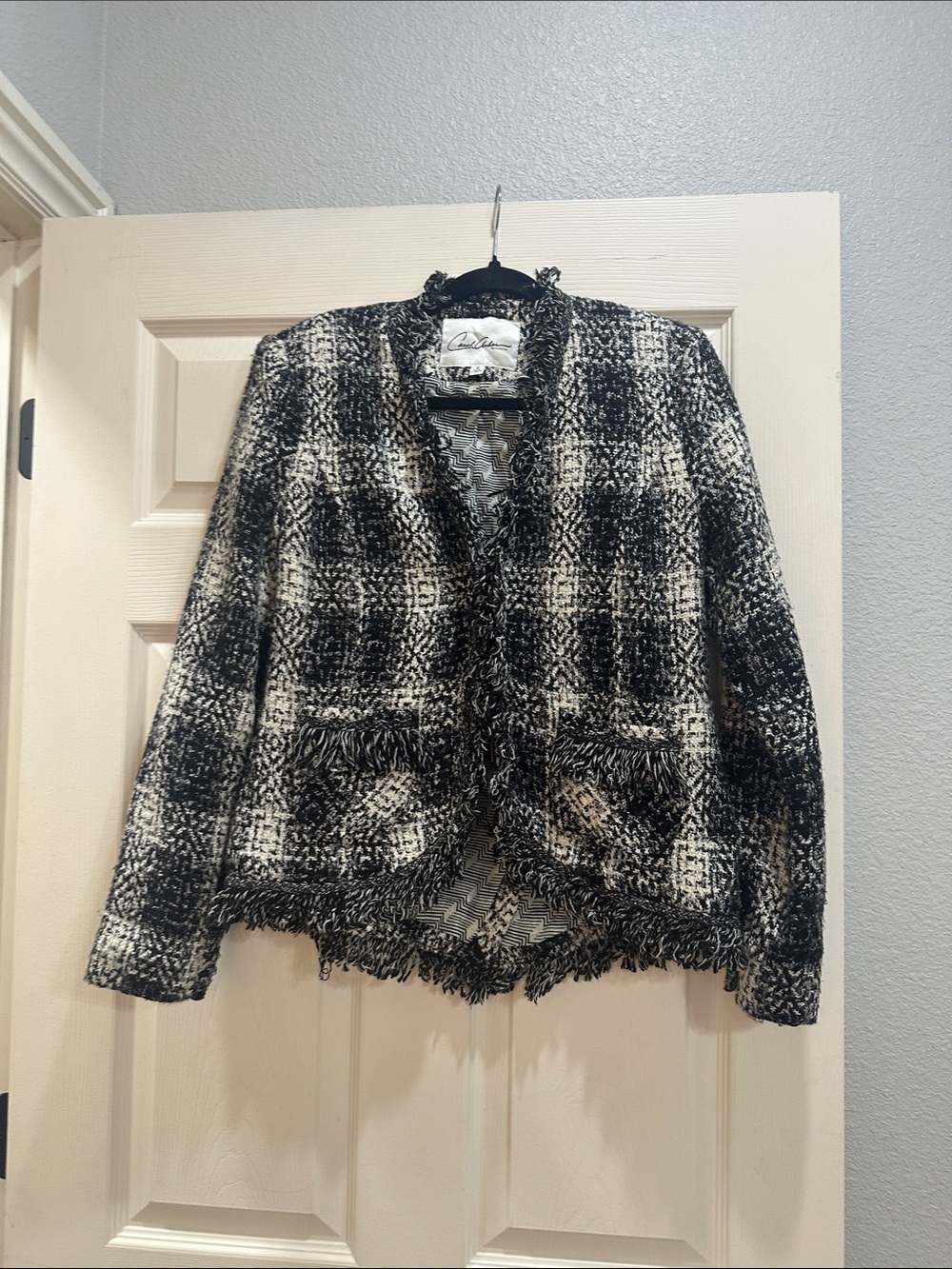 Cabi Carol Anderson by Invitation Black & White Fringed Tweed Jacket